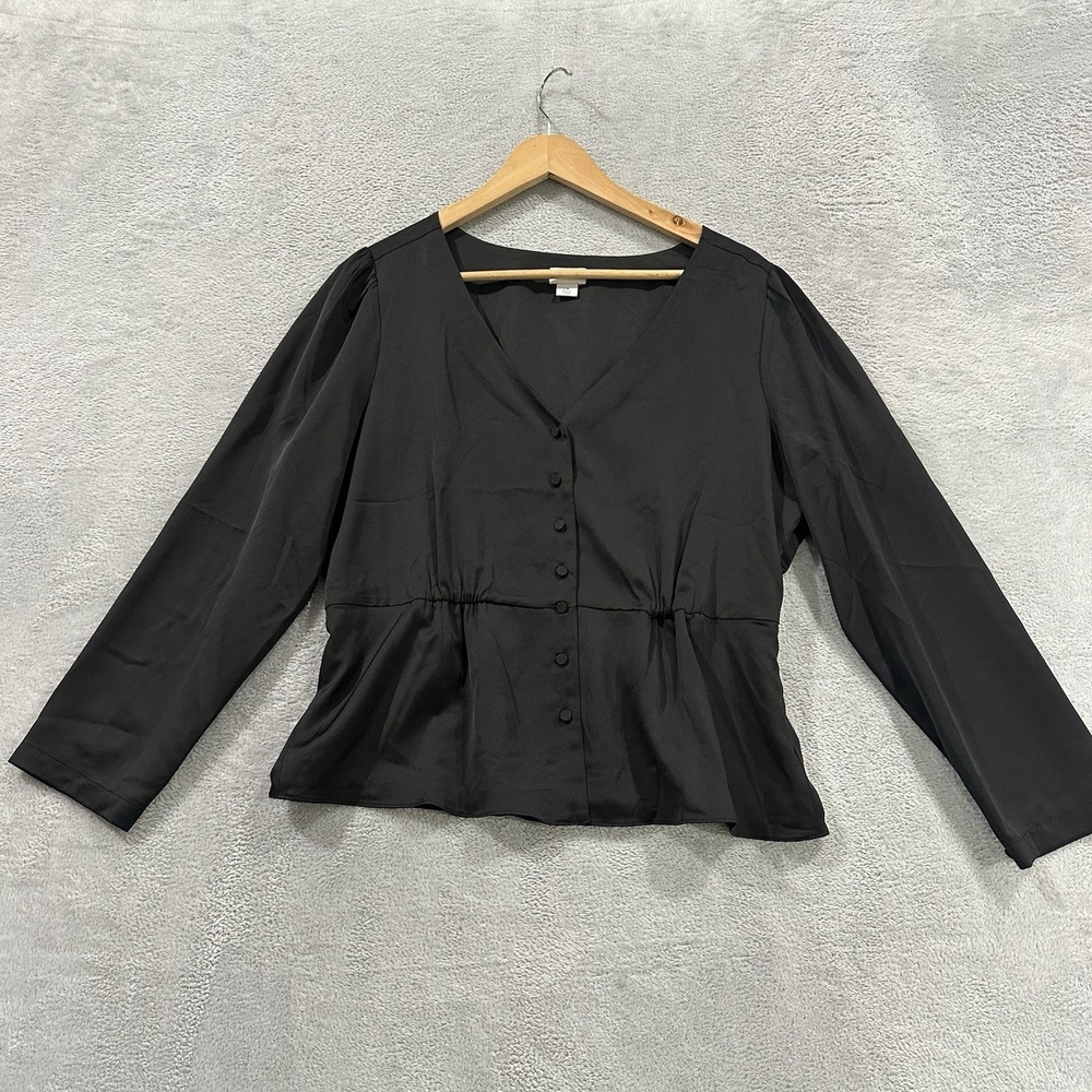 J Crew Button Blouse Women's 14 Black Satin Long Sleeve Elegant Business Casual